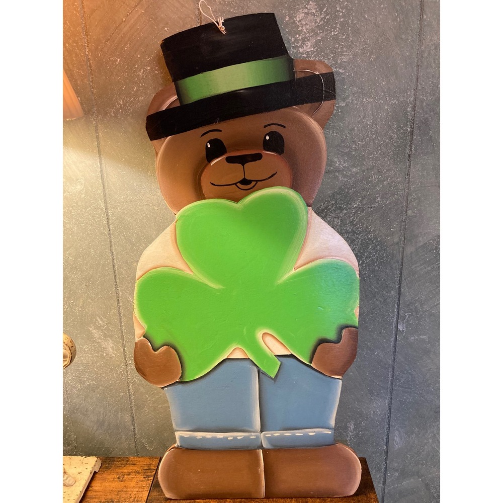 Vintage St Patricks Day Wooden Bear Wall Decor Hand Painted Govin Shamrock 23"